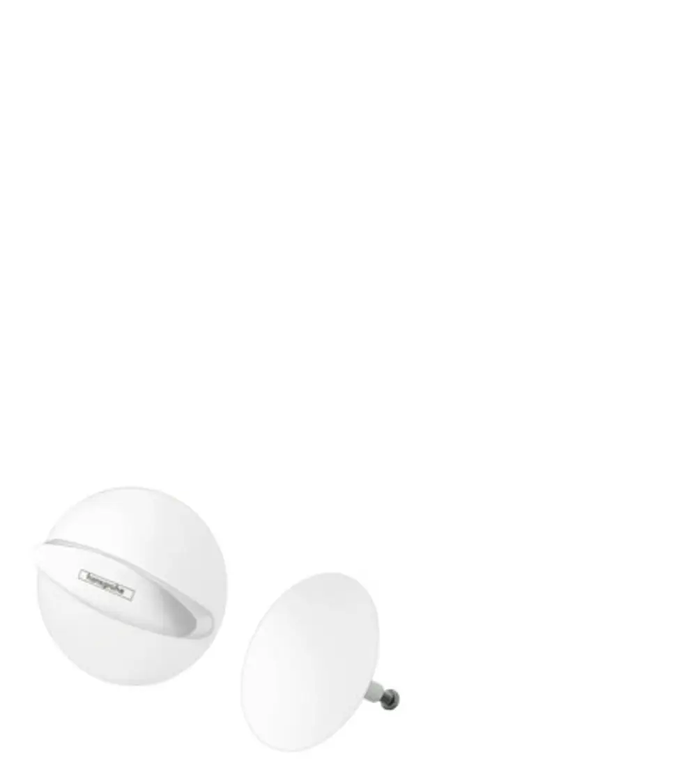 Weißes Ablauf- und Überlaufset von Hansgrohe, bestehend aus einer runden Abdeckung und einer halbkugelförmigen Steuerungseinheit.
